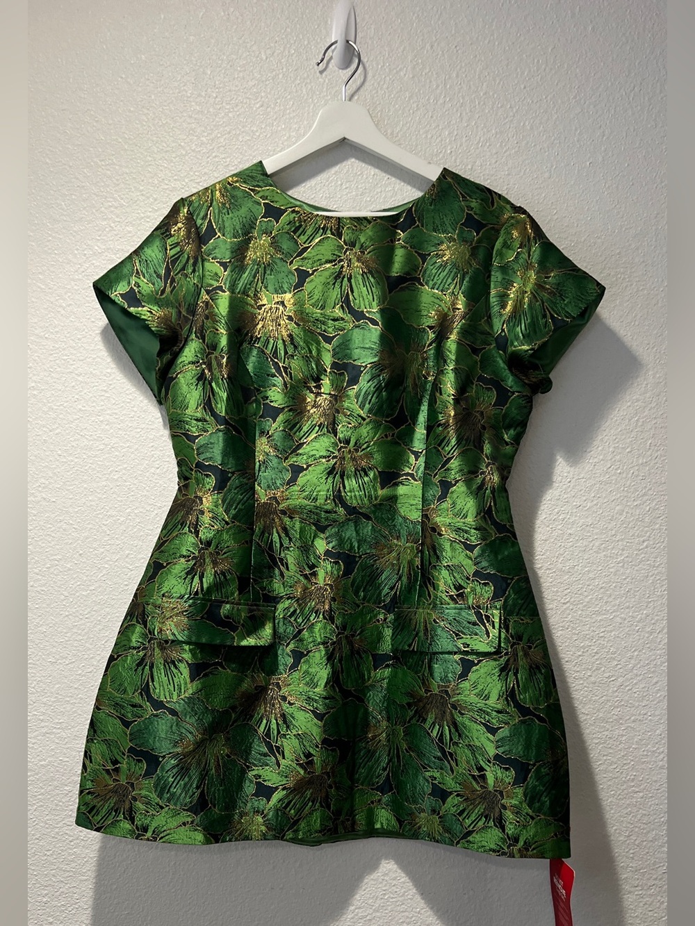NWT Fashion Nova Luxe Brielle Green Gold Metallic Floral Jacquard Mini Dress L